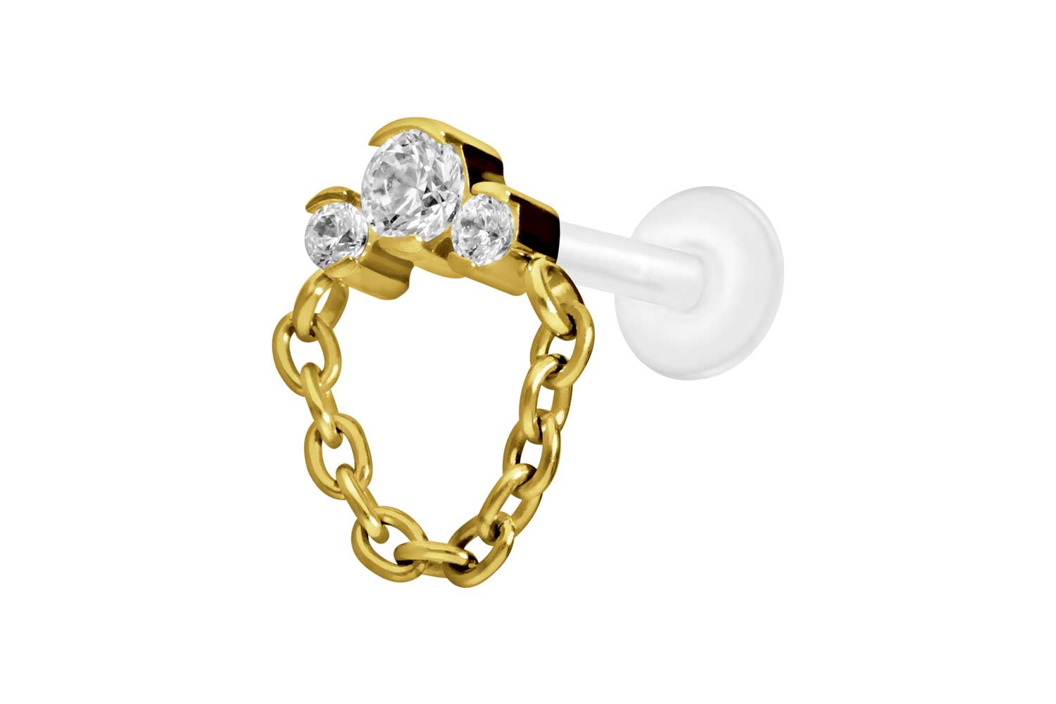 PTFE Labret Piercing mit Innengewinde + Titan-Aufsatz 3 EINGEFASSTE KRISTALLE + KETTE